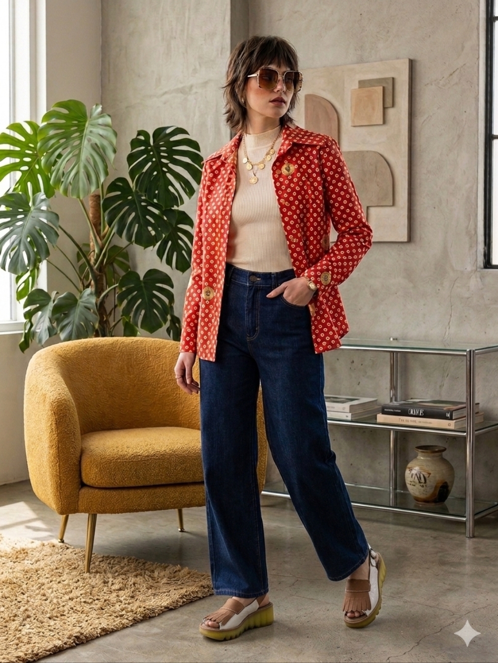 VTG 70s Lady Manhattan Le Soft Shirt Red Daisy Dagger Collar Retro L